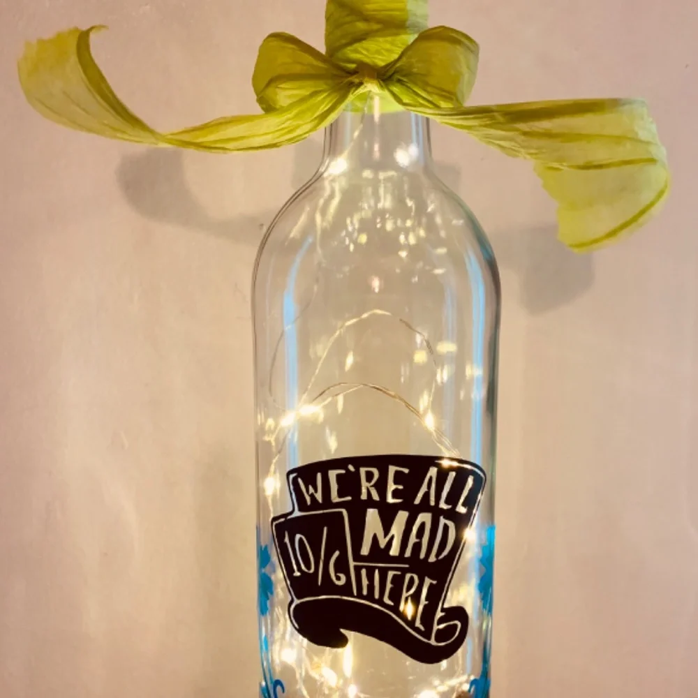 Hand Crafted- ‘We’re All Mad Here’ logo Mad Hat Wine Bottle Lantern